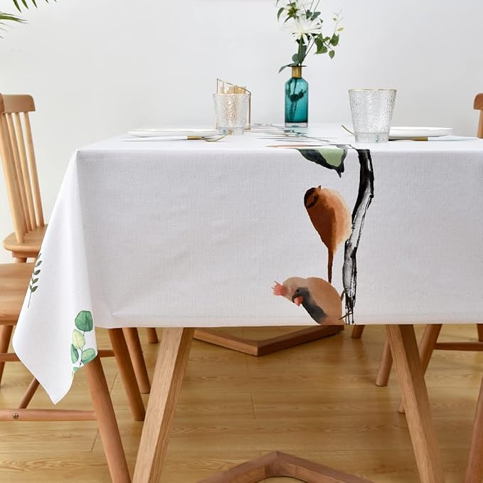 LOHASCASA Farmhouse PVC Tablecloth Spill Proof Plastic Oilcloth Vinyl Washable Wipeable Water Resistant Modern Large Oblong Tablecloth Protector Patio Fall 8ft White Bird 54x84 Inch