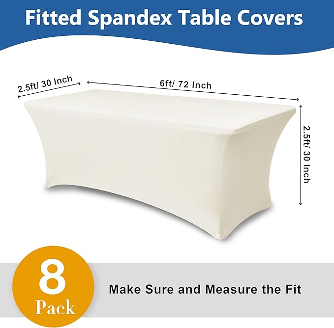 Enjoyidea Spandex Table Cloths for 6 Foot Rectangle Tables-8 Pack Fitted Stretch Cream Table Covers-Elastic Folding Tablecloths for Party, Vendor Booth Display, Banquet Buffet Event, Craft Trade Show