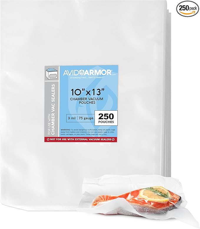 Avid Armor Chamber Vacuum Sealer Bags ??Heavy Duty, BPA-Free, Pre-Cut Chamber Vacuum Bags for Food Preservation, Freezer Storage, Sous Vide and more, 250/Pack (10x13) ??Multi-Use Vacuum Bags