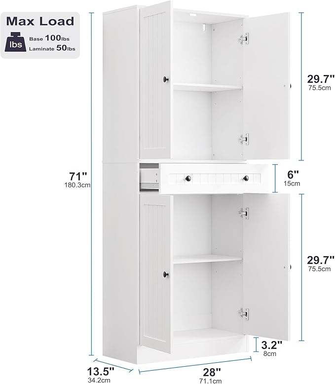 Kitchen Pantry Storage Cabinet, 71" H Farmhouse Pantry Cabinet with 4 Doors & Drawer, Freestanding Cupboard with Adjustable Shelves, Rustic Wood Cupboard for Kitchen, Dining Room, White