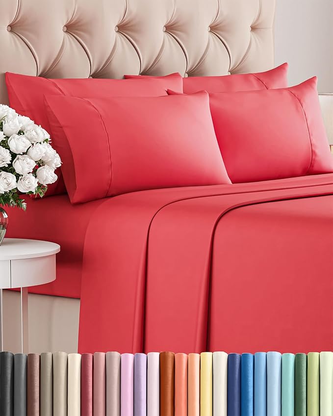 Cal King 6 Piece Sheet Set - Cooling & Breathable Bed Sheets - Hotel Luxury Bed Sheets for Women, Men, Kids & Teens - Bedding with Deep Pockets & Easy Fit - Soft and Wrinkle Free - Cal King Red Sheets