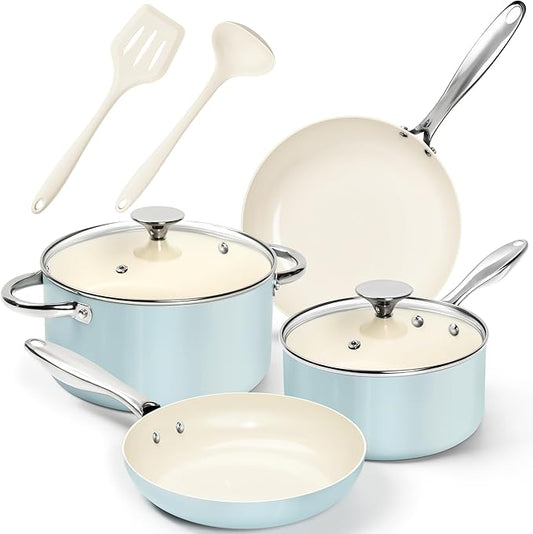 MICHELANGELO Pots and Pans Set Non Stick - Ceramic Cookware Set Non Toxic, 8-Pcs Nonstick Pots and Pans with Ergonomic Handle, Dishwasher Safe & Induction Compatible, Blue