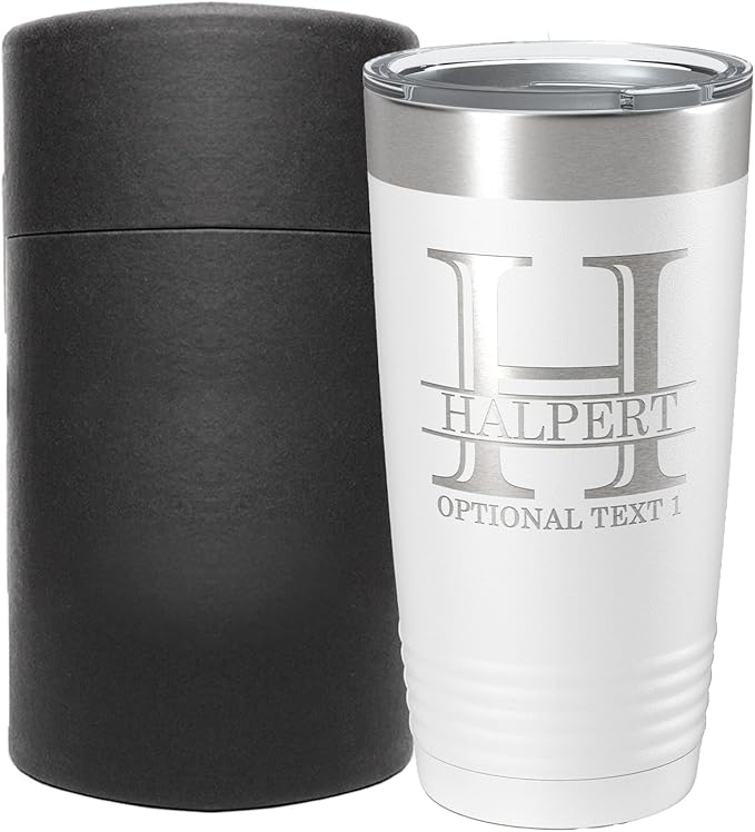 Personalized 20oz (17 Colors) Powder Coated Insulated Stainless Steel Tumbler with Lid, Custom Etched, Customized Engraved Gift Idea for Women Men Her Him, Halpert Monogram Initial Name (White)