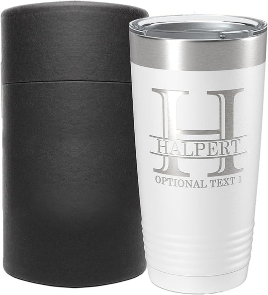 Personalized 20oz (17 Colors) Powder Coated Insulated Stainless Steel Tumbler with Lid, Custom Etched, Customized Engraved Gift Idea for Women Men Her Him, Halpert Monogram Initial Name (White)