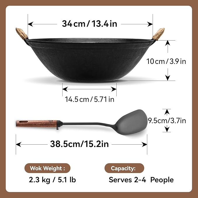 WANGYUANJI 13.4 Inch Cast Iron Wok with Wooden Lid and Iron Spatula, Flat Bottom Double-Handle Chinese Stir Fry Pan, Uncoated Cast Iron Wok for Induction, Gas and Electric Stoves