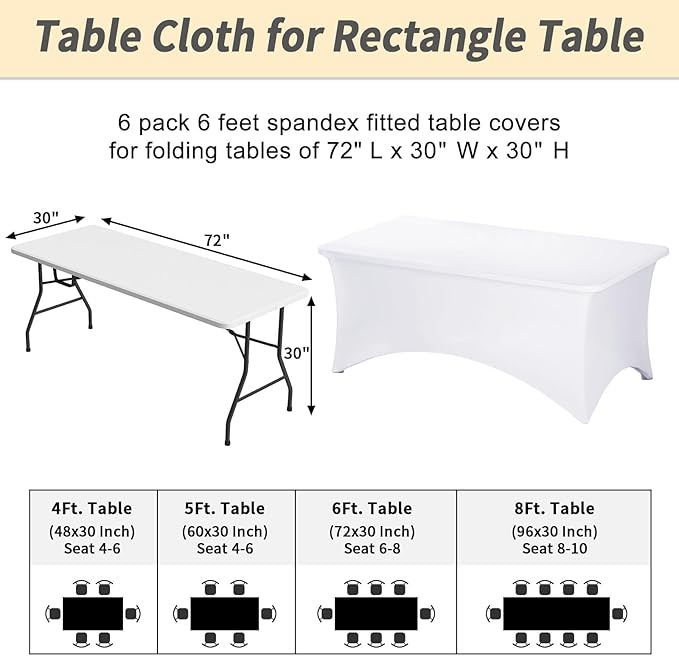 Fixwal 6 Pack Table Cloth Rectangle Table, 6FT Table Cover, White Table Cloth Rectangle Fitted Rectangular Stretch Tablecloth, Washable Patio Table Cover (White, 72L x 30W x 30H Inch)