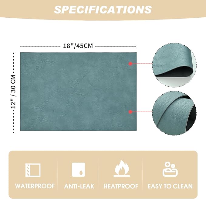 Artoid Mode Blue Faux Leather Placemats Set of 6, 12x18 Inch Waterproof Wipeable Heat Resistant Place Mats, Reversible Table Mats for Winter Kitchen Dining Decor