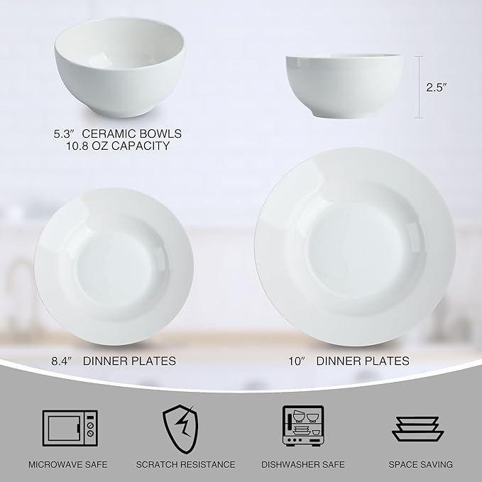 ArtClayz Elegant 12-Piece Bone China Dinnerware Set, Service for 4, White Porcelain Plates & Bowls, Chip Resistant, Dishwasher and Microwave Safe
