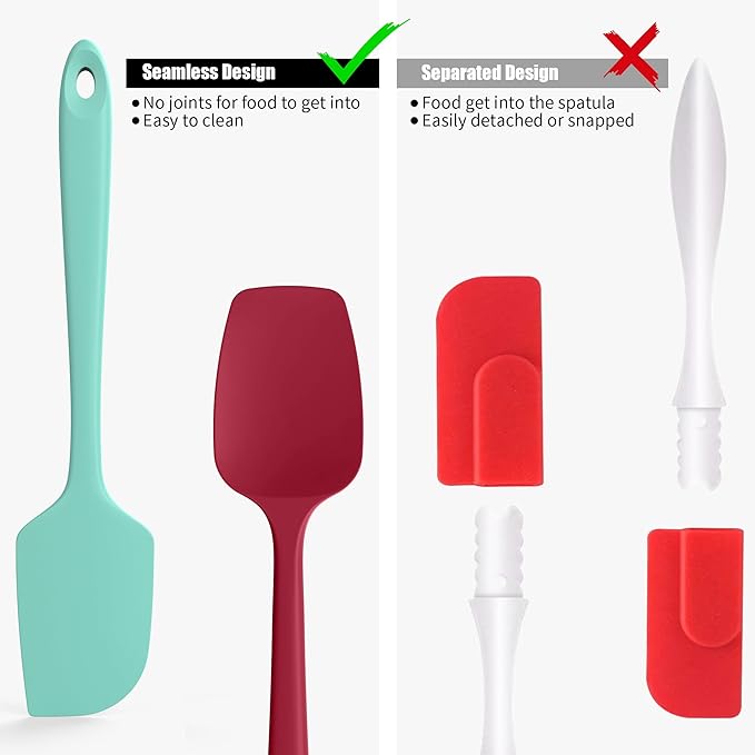 Doosu Silicone Scraper Spoon Spatulas, 600째F Heat Resistant BPA Free Rubber Flat Spatula, Kitchen Mixing Stirring Cooking Spoonula, Non-Stick Dishwasher Safe Baking Supplies (2 Pcs, Aqua+Red)
