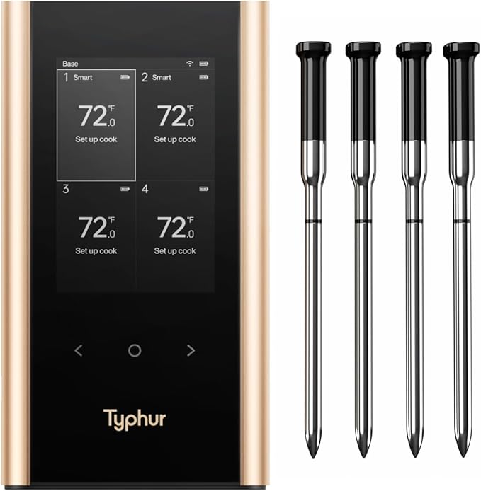 Sync Gold Wireless WiFi Meat Thermometer, 4 Slim Probes, 6 Sensors, 10x Stronger Signal, 짹0.5??Accuracy, Smart Base Direct Setup, Reliable Reading Through Kamado Grill, BBQ, Oven, Smoker, Air Fryer