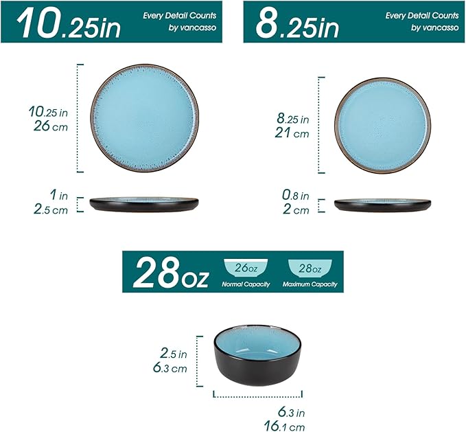 vancasso Plates and Bowls Sets, 18 Pieces Stoneware Dinnerware Sets for 6, Kitchen Dish Set Mircowave and Dishwasher Safe Dinner Set Ceramic Dishware, Sky Blue, Series AMBER