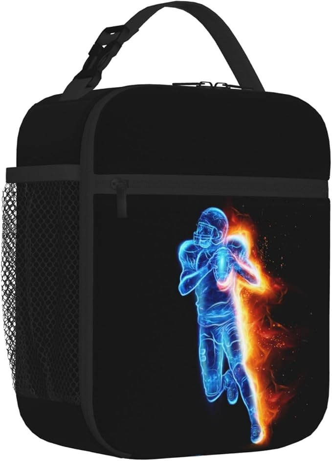 Football-themed Lunch Box Bag for Kids Teens Boys/Men, Sports LunchBoxes with Printing a Playing Blue Football Player Pattern, Reusable Tote Bag for Work School, Gifts for Birthday Christmas