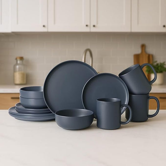 Furrnook 12-Piece Stoneware Dinnerware Set with Mugs | Microwave and Dishwasher Friendly | Stackable Matte Glaze Plates & Bowls | Service for 3 (Blue for 3)