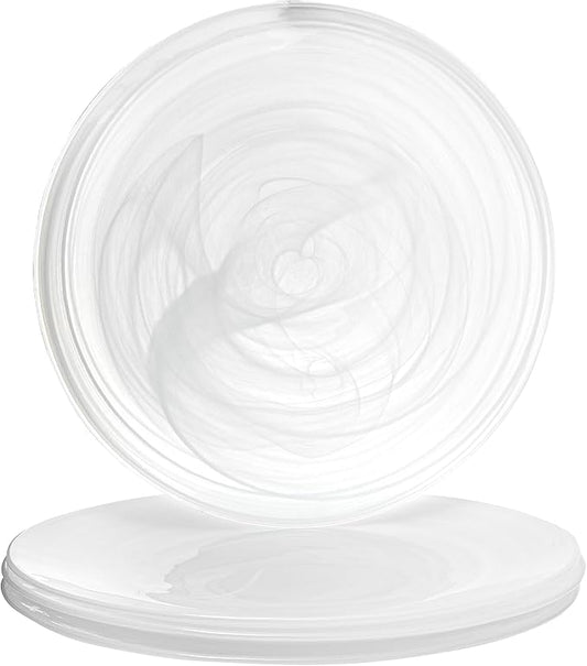 Vikko Dinner Plates, Set of 4 White Alabaster Plates, 11" Plate with Marbelized, Swirl Design, Elegant Glass Plate, Dishwasher Safe