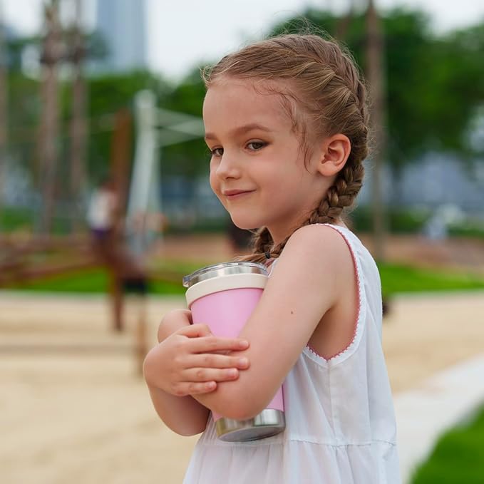 SILICANICE Kids - 24oz Insulated Tumbler - Removable Flip Spout & Straw Water Bottle With Durable handle, Base & Lid, Leak proof, Perfect for School, Sports, Lunch, Travel & Camp- Pink sand