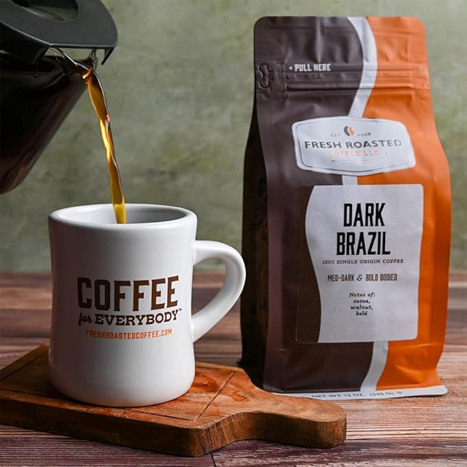 Fresh Roasted Coffee, Dark Brazil, 12 oz, Med-Dark Roast, Kosher, Whole Bean