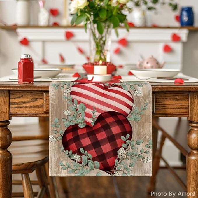 Artoid Mode Wood Eucalyptus Hearts Valentine's Table Runner, Anniversary HoliKitchen Dining Table Decoration for Home Party Decor 13x90 Inch