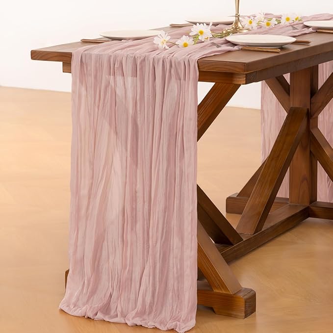 Socomi 6pcs Pink Cheesecloth Table Runner Valentine's Day Boho Rustic Gauze Dusty Pink Farmhouse 120 inch 10FT Cheese Cloth Runner for Wedding Party Baby Shower Birthday Home Decor