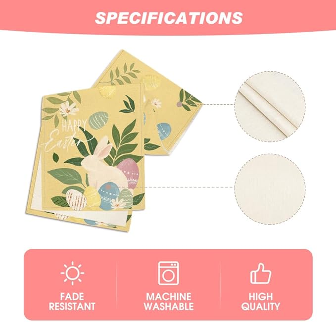 Artoid Mode Yellow Bunny Eggs Leaves Flowers 210 GSM Easter Table Runner, Seasonal Spring Kitchen Dining Table Decoration for Home Party Decor 13x72 Inch