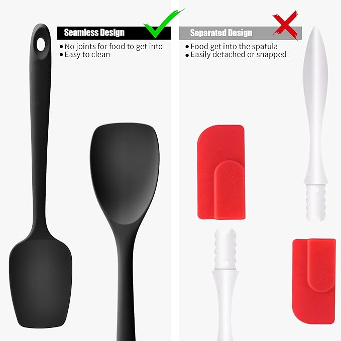 Doosu Silicone Spoon Spatula Set of 2, 600쨘F Heat-Resistant Food Grade Rubber Spoonula with Seamless Design, Non-Stick Dishwasher Safe Kitchen Utensils for Cooking, Baking, Mixing, Scraping (Black)