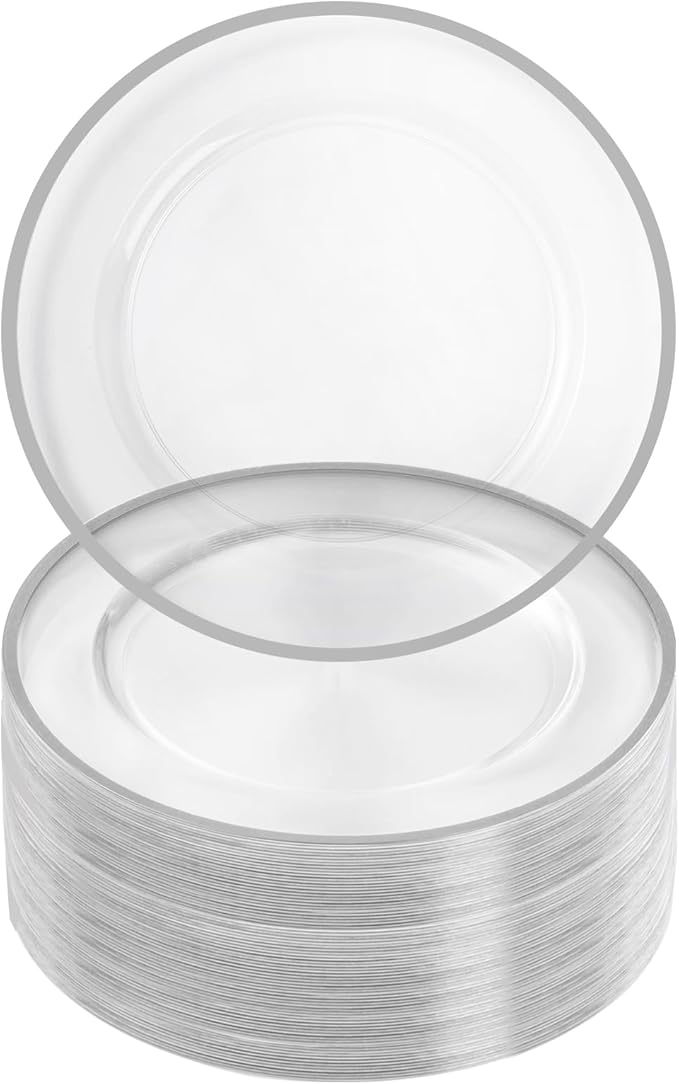 Goodluck 12 Inch Disposable Charger Plates Plastic, 100 Pack Plastic Clear Charger with Silver Rim for Dinner, Wedding, Party