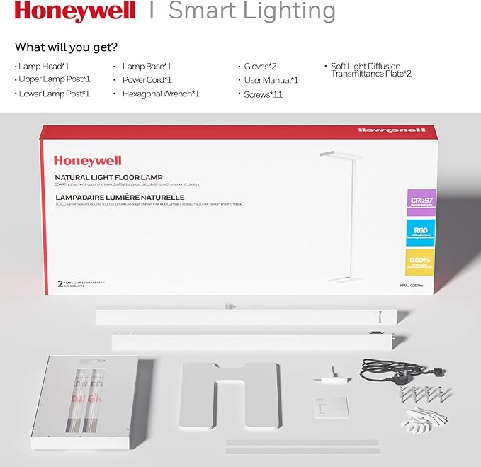 Honeywell LED Floor Lamp Modern - 02E Pro Sunturalux??Eye Caring Standing Light, 10400LM Dimmable Reading Tall Lampara for Home Office Living Room Bedroom,100W,4000K Natural Daylight