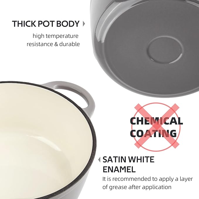 4.5 Quart Dutch Oven Enameled Cast Iron with Lid - Big Dual Handles - Oven Safe up to 500째F - Classic Round Pot for Versatile Cooking Light Gray