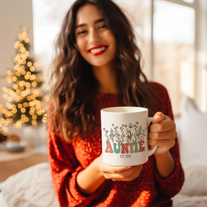 Wildflowers Auntie Mug - Promoted to Auntie Est 2026 - Aunt to Be Gift - Pregnancy Announcement Gift for Best Friend - New Aunt Mug - Christmas Gifts for Aunts