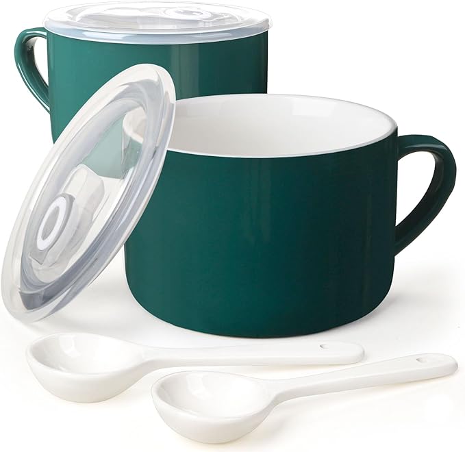 Soup Bowls with Handles & Spoons, 30oz Ceramic Ramen Bowl with Lid, Large Soup Mugs/Cups for Instant Noodle, Big Cereal Bowls for Oatmeal, Soup Containers with Lids, Set of 2, Dark Green