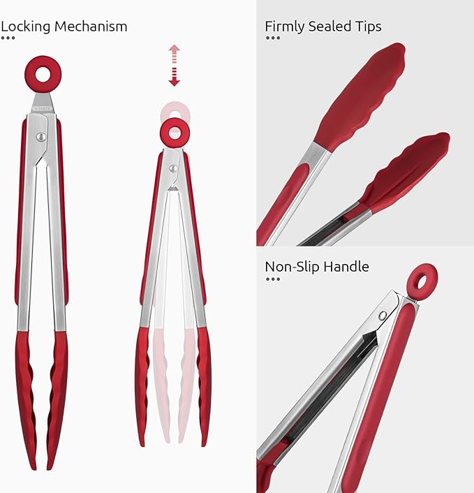 600쨘F Heat Resistant Kitchen Tongs: U-Taste 9 inch Silicone Cooking Tong with Firm Sealed Non Stick Rubber Tips & Silicon Coated 18/8 Stainless Steel Handle & Smooth Locking for Serving Salad (Red)