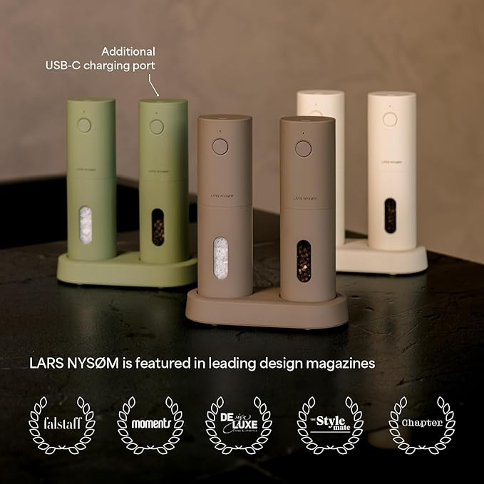 LARS NYS횠M Electric Salt and Pepper Grinder Set, USB Rechargeable, Automatic Salt and Pepper Mills, Spice Shakers Refillable with LED Light, Adjustable Coarseness, Ceramic Grinder (Ash Gray)