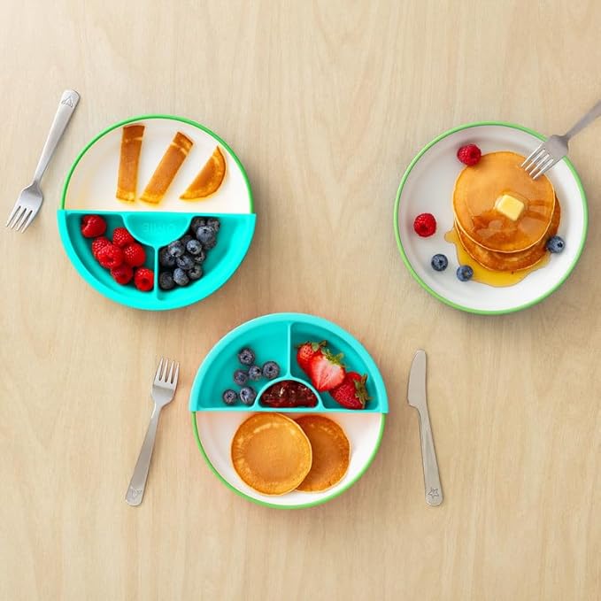 Omie짰 Easy Scoop Plates for Kids | Unique Design Helps Food Fall into the Spoon, Not on the Table | Made from Plants | 3 Plates + 2 Silicone Dividers | Green