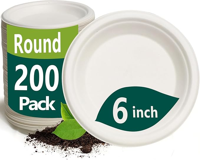 6 Inch Dessert Paper Plates, 200 Pack Disposable Compostable Small Plates Made from Sugarcane Fibers, Eco-Friendly, White