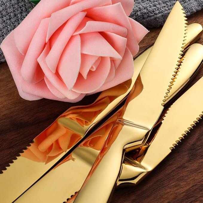 Gold Steak Knives Set of 6, Stainless Steel Serrated Kitchen Knife Set, Heavy Duty Dinner Knives for Cutting Meat, Beef, 8.6 Inch, Dishwasher Safe
