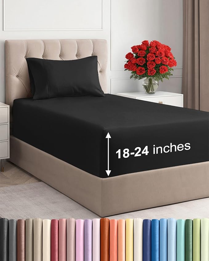 Extra Deep Pocket Twin XL Sheets - 3 Piece Breathable & Cooling Bed Sheets - Hotel Luxury Bed Sheet Set - Soft, Wrinkle Free & Comfy - Easily Fits Extra Deep Mattresses - Deep Pocket Black Sheets Set