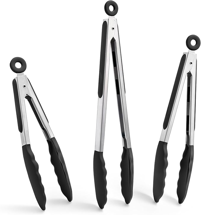Doosu Kitchen Tongs for Cooking - 600째F Heat Resistant Food Tong Set with Non-Scratch Silicone Tips, Heavy Duty Stainless Steel Locking Tong for BBQ, Grilling Steak, Serving Salad (7+9+12in, Black)