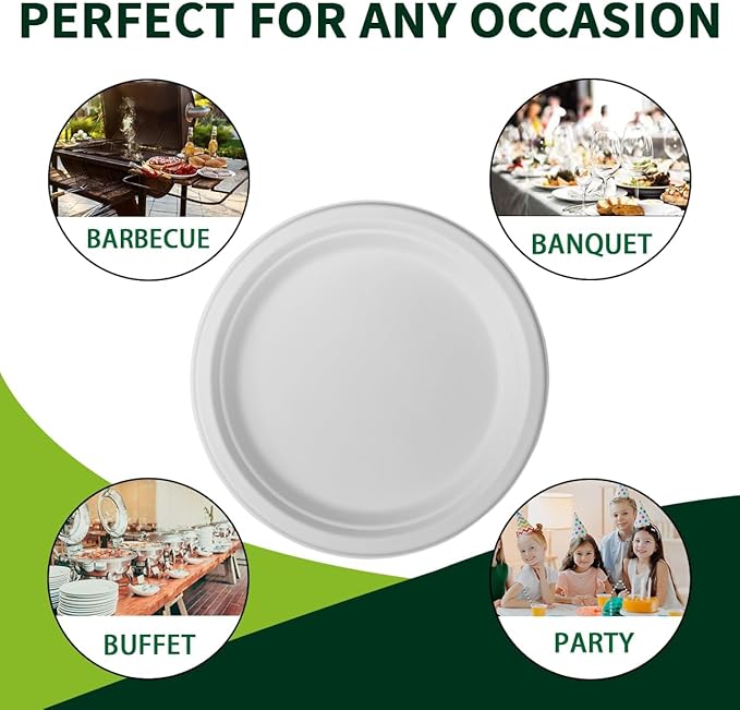 9 Inch Compostable Paper Plates ?륹hite150 Pack??100% Sugarcane Bagasse Medium Disposable Plates, Sturdy Heavy Duty, Biodegradable Dinnerware for Party, BBQ, Picnic, Camping