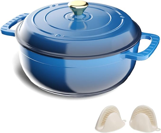 VINGLI 6QT Enameled Cast Iron Round Dutch Oven Pot with Lid, NonStick Casserole Pot with Dual Handles & Silicone GlovesRed, Oven Safe up to 500째F or on Stovetop, Dutch Oven for Bread Baking, Blue