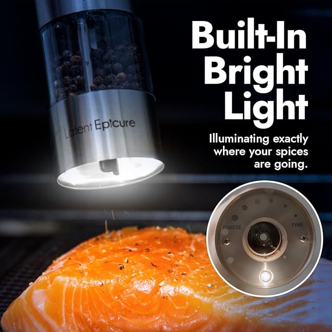 Electric Salt & Pepper Grinder Set ??Battery Operated Stainless-Steel Mills & Shakers with Light, Adjustable Ceramic Grinders & Acrylic Rest Tray