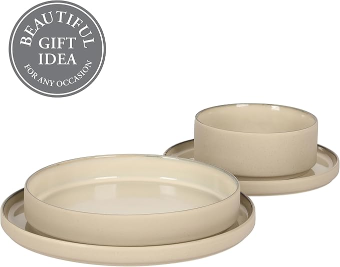 Gibson Elite Liberty Bay 16-Piece Pottery Clay Stoneware Dinnerware Set ??Taupe Reactive Glaze, Stackable Plates and Bowls W/Pasta Bowl, Service for 4 ??Microwave & Dishwasher Safe