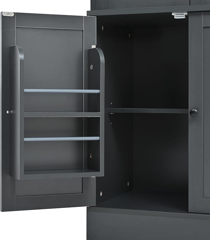 75-inch Tall Kitchen Pantry Cabinet, Freestanding Buffet with Hutch, Storage Cabinet with 4 Drawers, Door Shelves and Pull-Out Trays for Dining Room (Gray + MDF + Farmhouse)