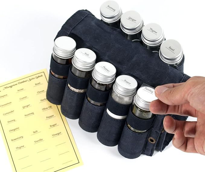 Camping Spice kit with 9 spice Jar,rope,Spice Labels Sticker,Silicone Collapsible Funnel, Canvas Travel Seasoning container, portable spice bag for travel (NAVY BLUE)