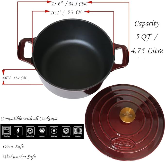 La Cuisine Enameled Cast Iron Dutch Oven Casserole Dish Pot with Lid, 5 QT 10.3??/26cm Dia. Internal Matte Black Enamel Coating Gold-Plated SS Lid Handle Oven Safe up to 500째 F, Cranberry