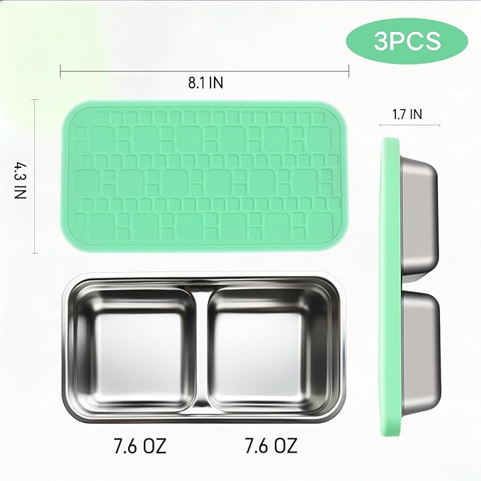 Korythar 3 Pack 15oz Stainless Steel Snack Containers for Kids, Reusable Metal Snack Containers with Silicone lids, Leak Proof 2 Compartment Stackable Metal Toddler Lunch Box for Daycare, School