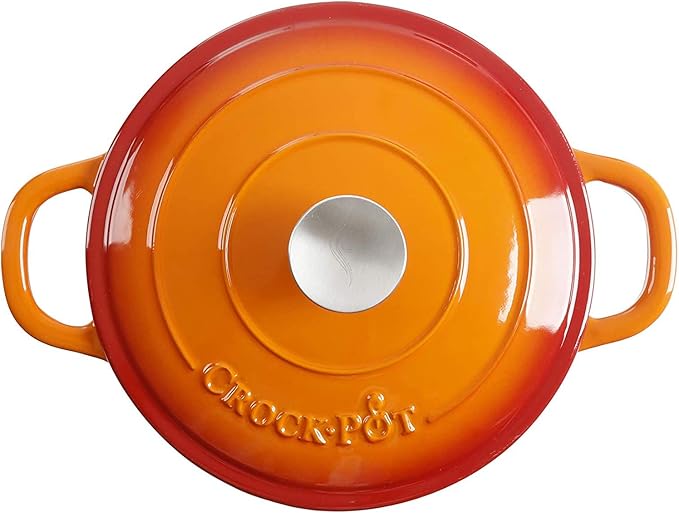 Crock-Pot Artisan 5-Quart Round Enameled Cast Iron Dutch Oven ??Sunset Orange, Durable Heavy-Duty Cookware for Slow Cooking, Roasting, Baking with Lid