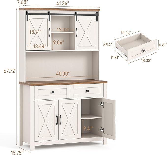 67.7 Inch Farmhouse Pantry Storage Cabinet with Sliding Barn Doors, 2 Drawer Farmhouse Coffee Cabinet with Adjustable Shelf, Side Board with Buffet Cupboard for Livingroom Kitchen, White