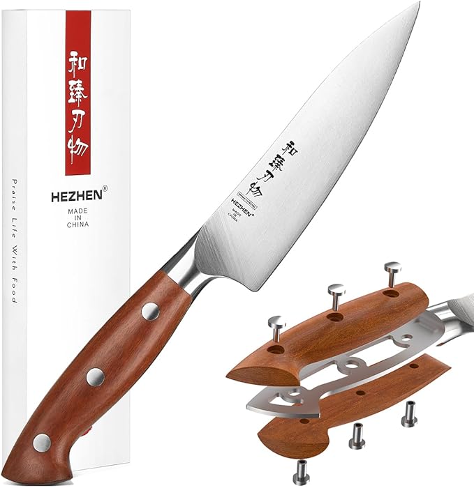 HEZHEN Petty Knife - 5.3??Chef Utility Knife, High Carbon German 1.4116 Stainless Steel Blade, Full Tang, Red Wood Handle, Premium Gift Box,