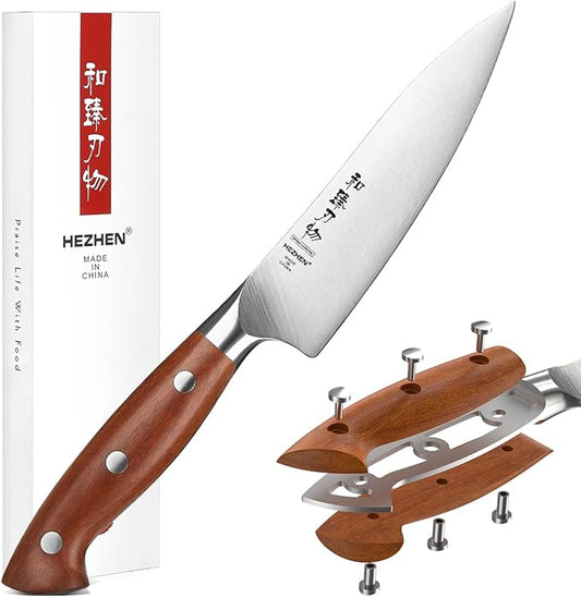 HEZHEN Petty Knife - 5.3??Chef Utility Knife, High Carbon German 1.4116 Stainless Steel Blade, Full Tang, Red Wood Handle, Premium Gift Box,