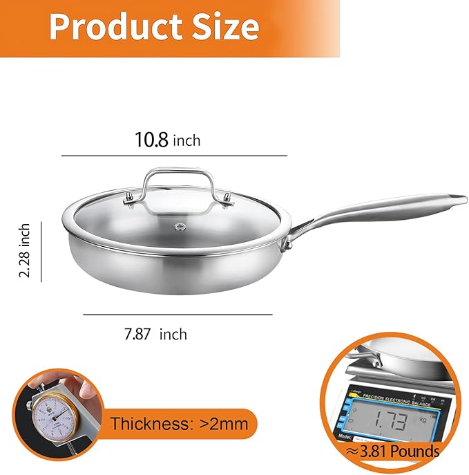 DELARLO Stainless Steel Pan訝?0 Inch Skillet with Lid訝쭽ven Safe Up to 600?됦릅Triply Stainless Steel Cookware訝쮁tainless Steel Pan 10 in訝쭵nduction Compatible訝쭲ast Even Heat訝쭺arge Cooking Surface