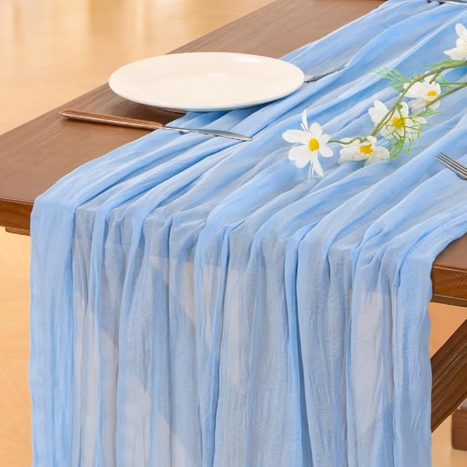 Socomi 3pcs Blue Valentine's Day Cheesecloth Table Runner Boho Rustic Gauze 120 inch 10FT Cheese Cloth Runner for Wedding Party Baby Shower Birthday Home Decor Holiday Decorations
